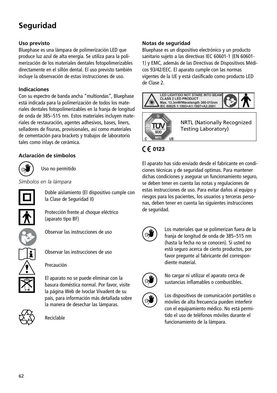 Seguridad | Ivoclar Vivadent Bluephase User Manual | Page 62 / 88
