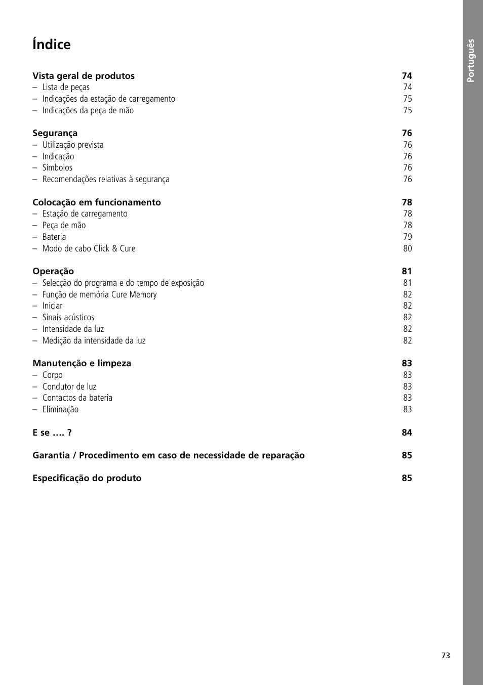 Português, Índice | Ivoclar Vivadent Bluephase User Manual | Page 73 / 88