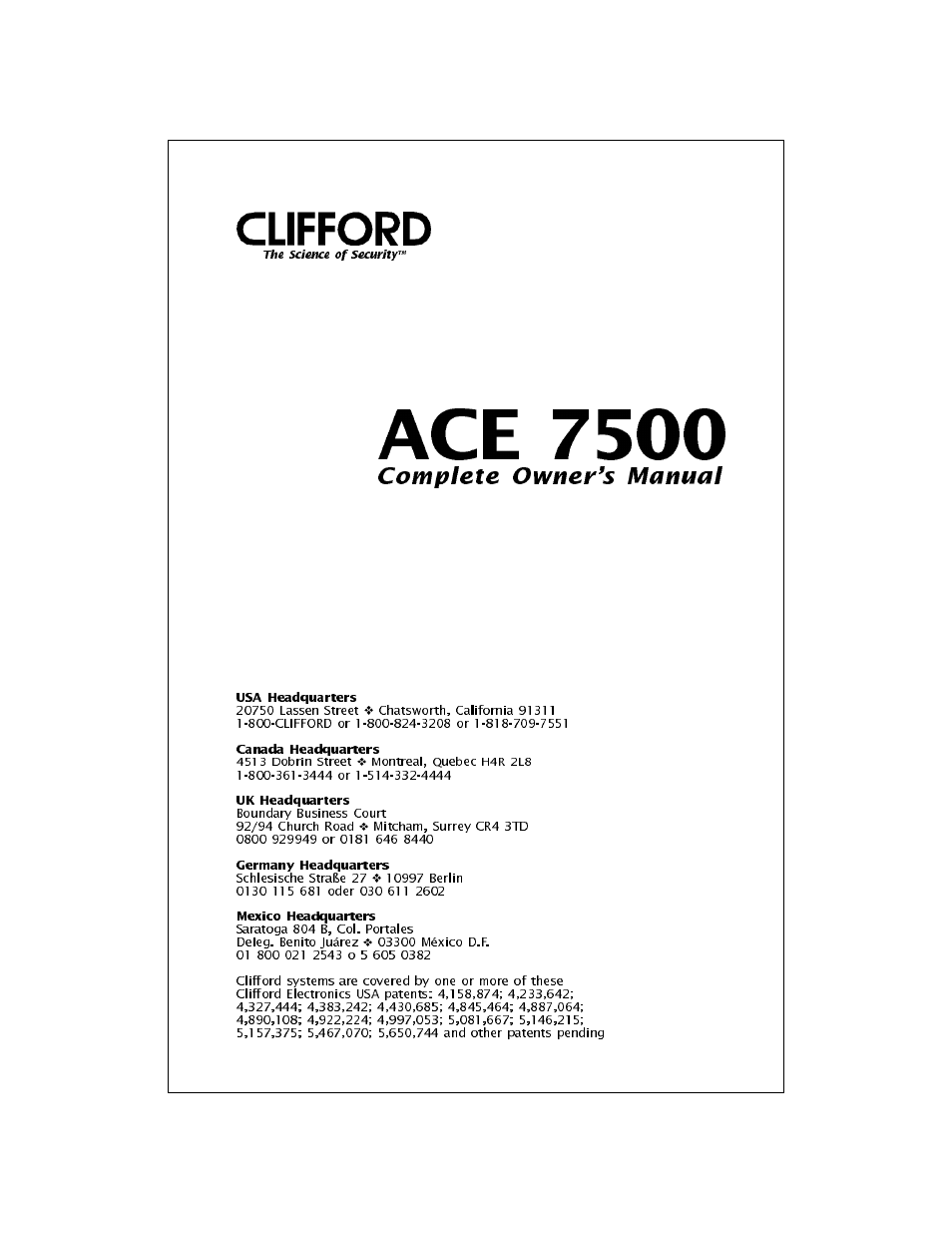 CLIFFORD ACE 7500 User Manual | 12 pages