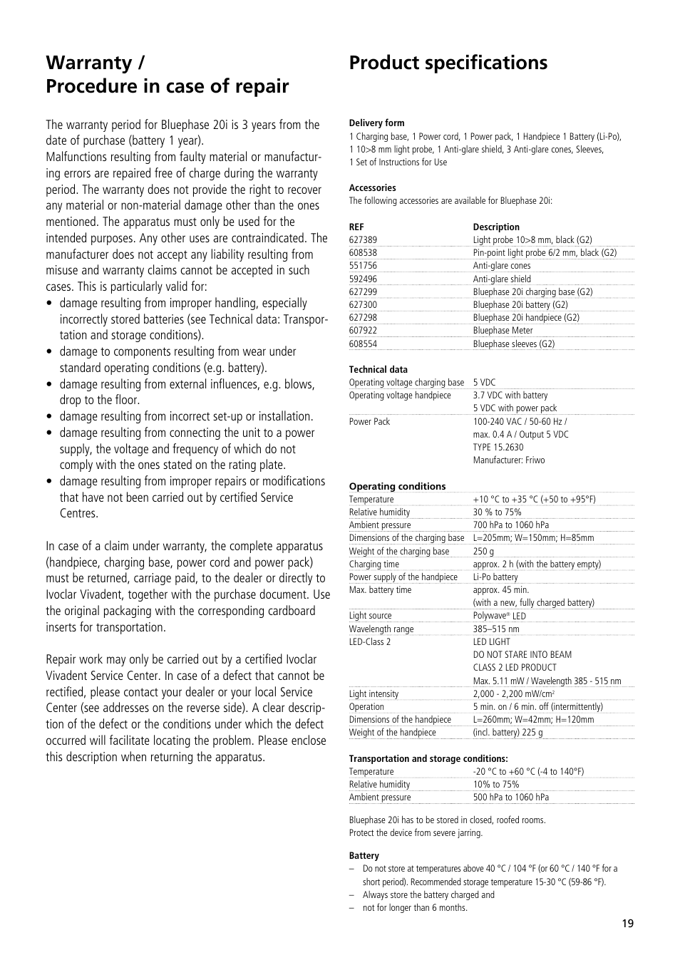 Warranty / procedure in case of repair, Product specifications | Ivoclar Vivadent Bluephase 20i User Manual | Page 15 / 118