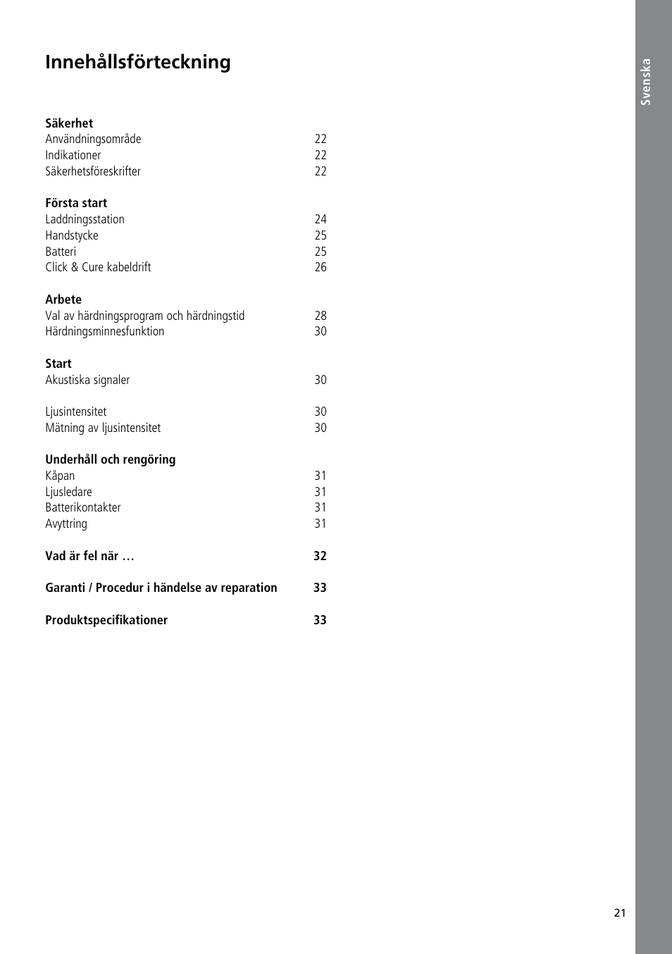 Svenska, Innehållsförteckning | Ivoclar Vivadent Bluephase 20i User Manual | Page 17 / 118