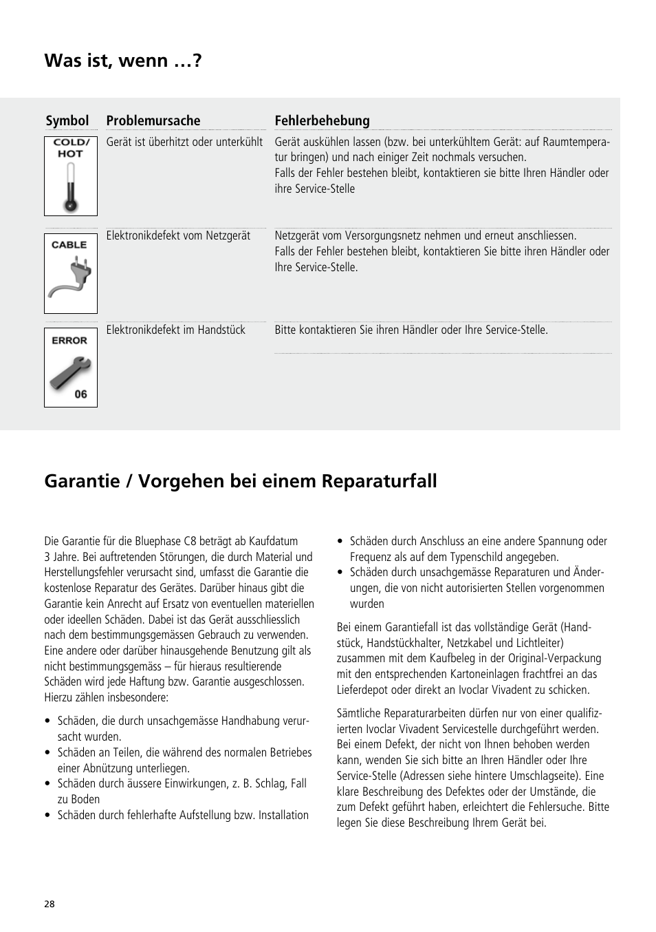Was ist, wenn, Garantie / vorgehen bei einem reparaturfall | Ivoclar Vivadent Bluephase C8 User Manual | Page 24 / 78