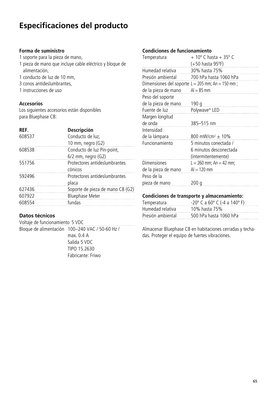 Especificaciones del producto | Ivoclar Vivadent Bluephase C8 User Manual | Page 61 / 78