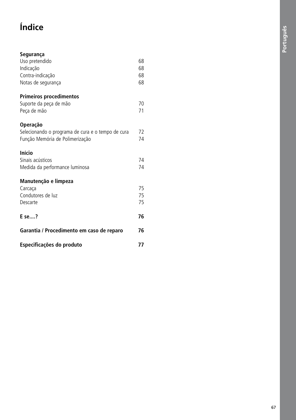 Português, Índice | Ivoclar Vivadent Bluephase C8 User Manual | Page 63 / 78