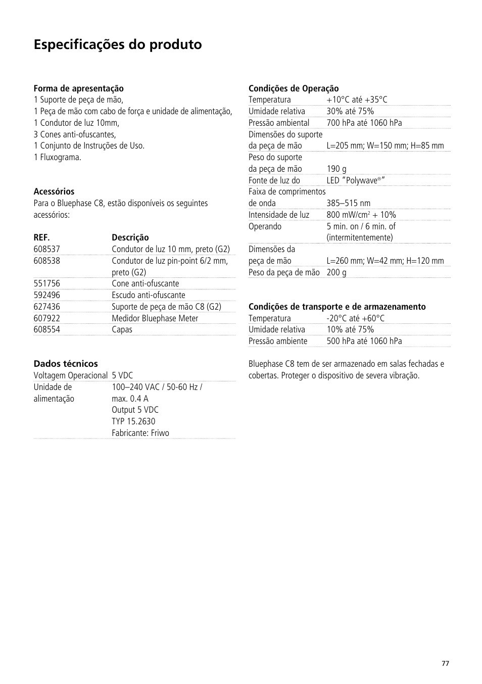 Especificações do produto | Ivoclar Vivadent Bluephase C8 User Manual | Page 73 / 78