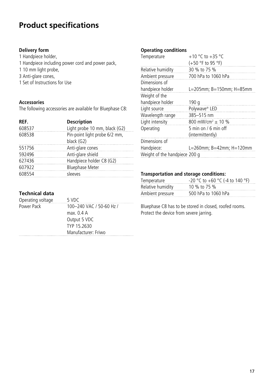 Product specifications | Ivoclar Vivadent Bluephase C8 User Manual | Page 13 / 54