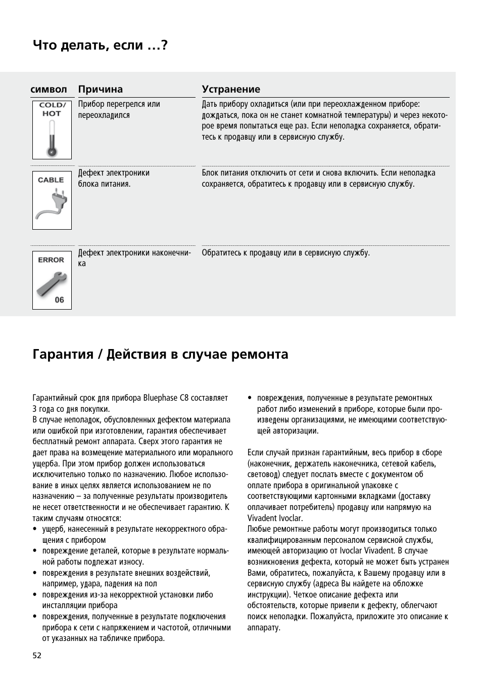 Óúó ‰âî‡ú¸, âòîë, É‡‡ìúëﬂ / ñâèòú‚ëﬂ ‚ òîû˜‡â âïóìú | Ivoclar Vivadent Bluephase C8 User Manual | Page 48 / 54
