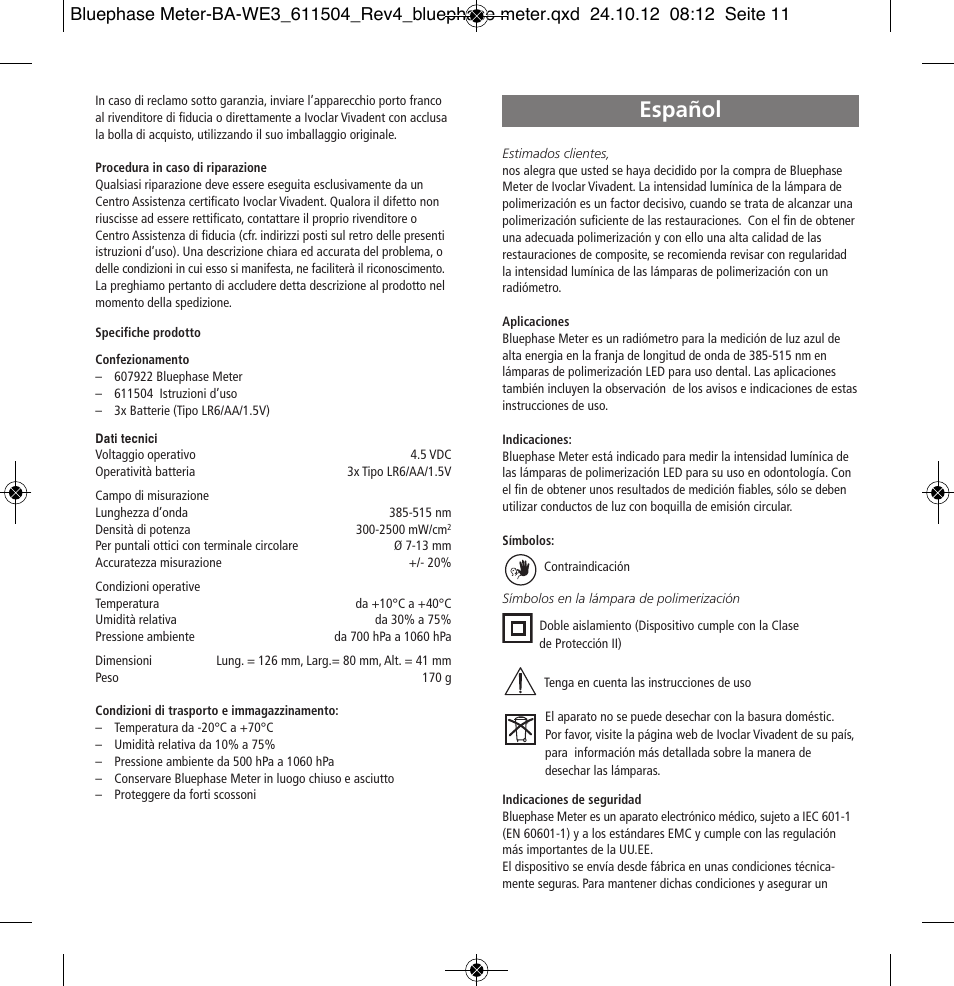 Español | Ivoclar Vivadent Bluephase Meter User Manual | Page 11 / 40