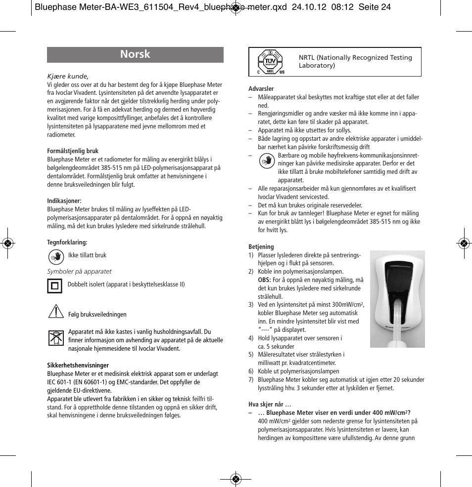 Norsk | Ivoclar Vivadent Bluephase Meter User Manual | Page 24 / 40