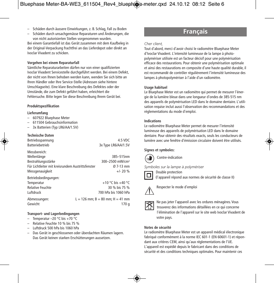 Français | Ivoclar Vivadent Bluephase Meter User Manual | Page 6 / 40