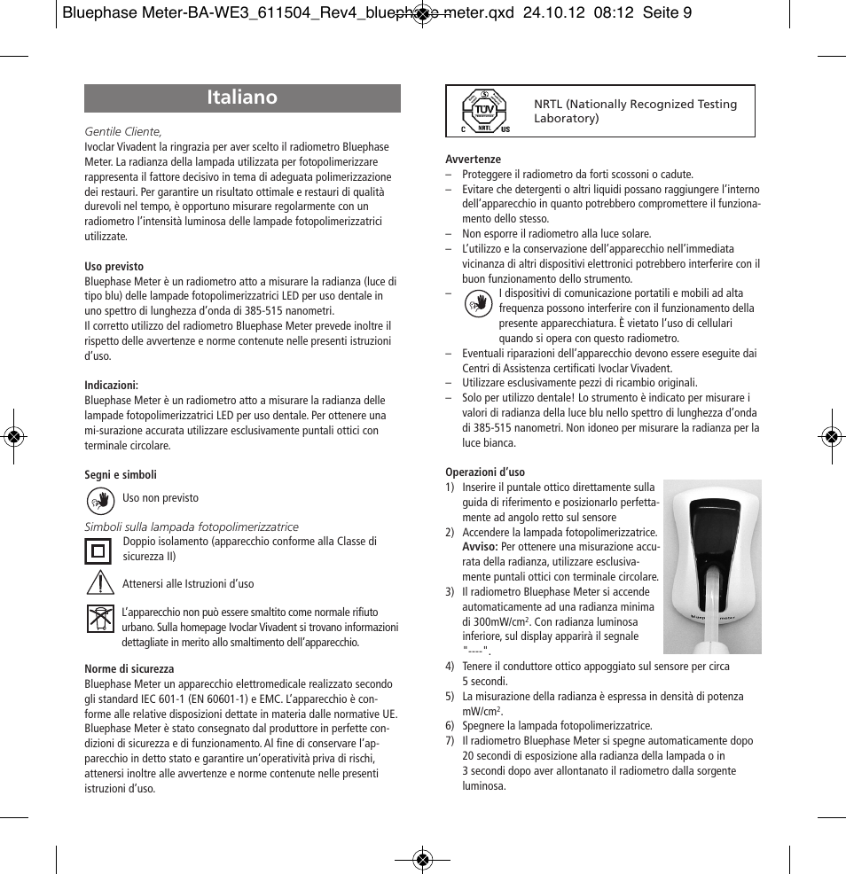 Italiano | Ivoclar Vivadent Bluephase Meter User Manual | Page 9 / 40