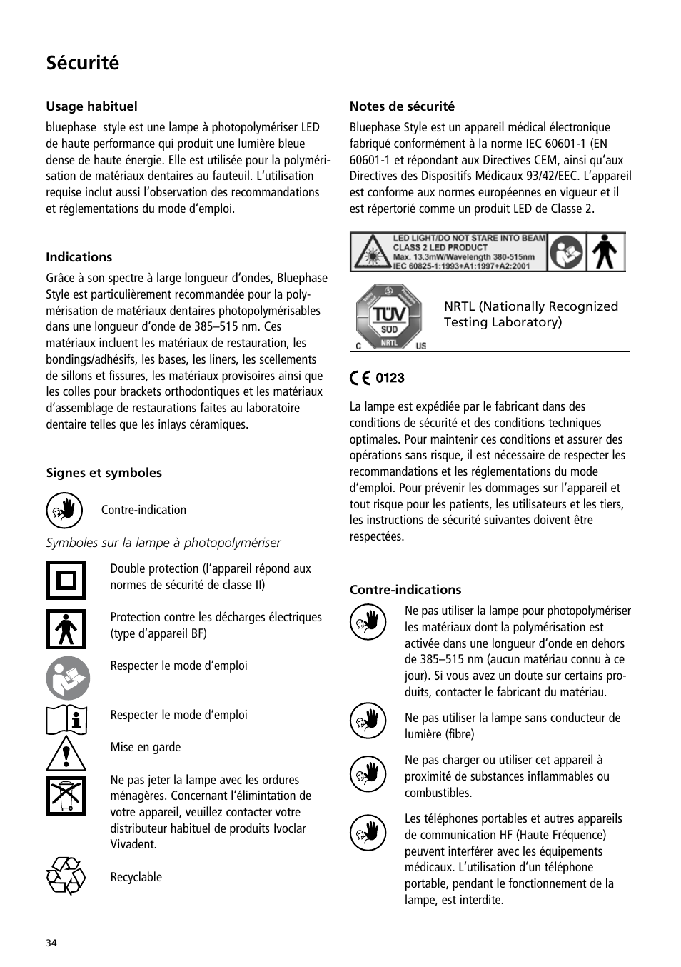 Sécurité | Ivoclar Vivadent Bluephase Style User Manual | Page 34 / 88