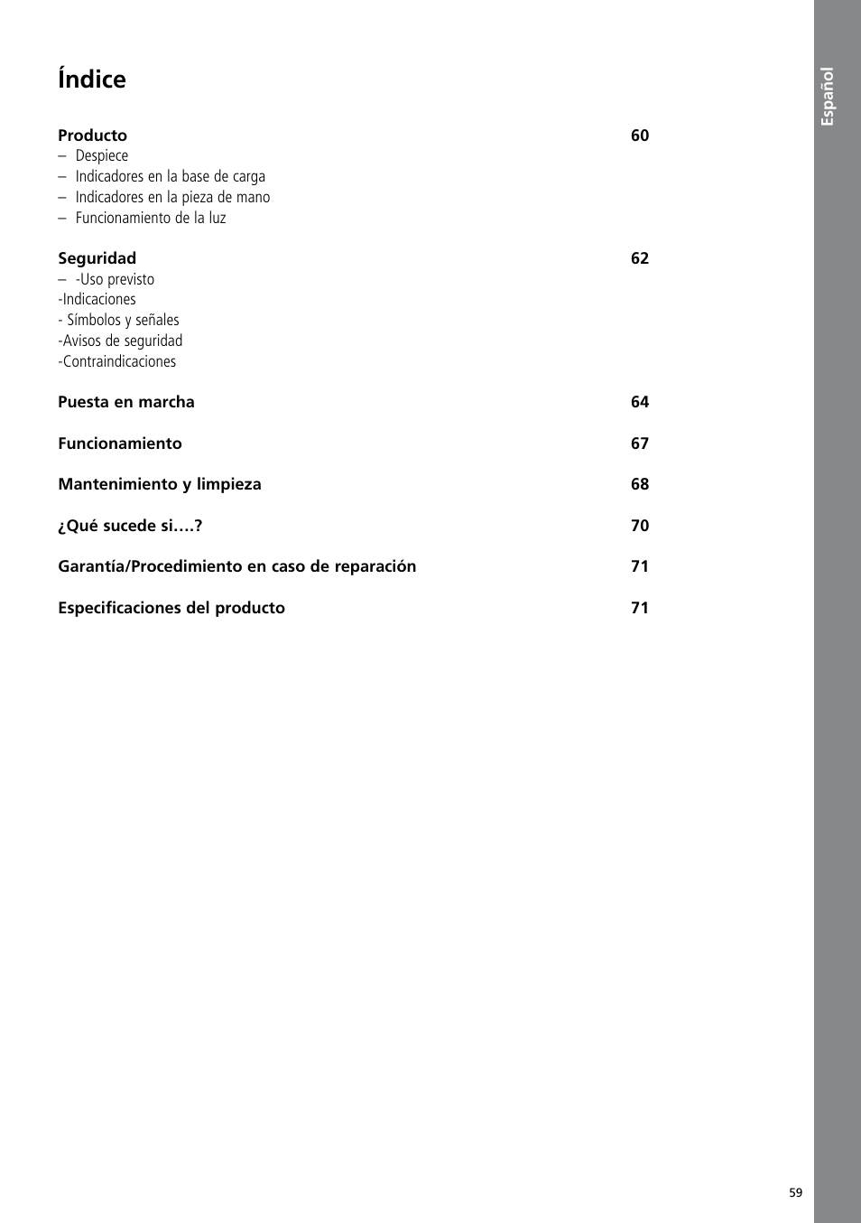 Español, Índice | Ivoclar Vivadent Bluephase Style User Manual | Page 59 / 88
