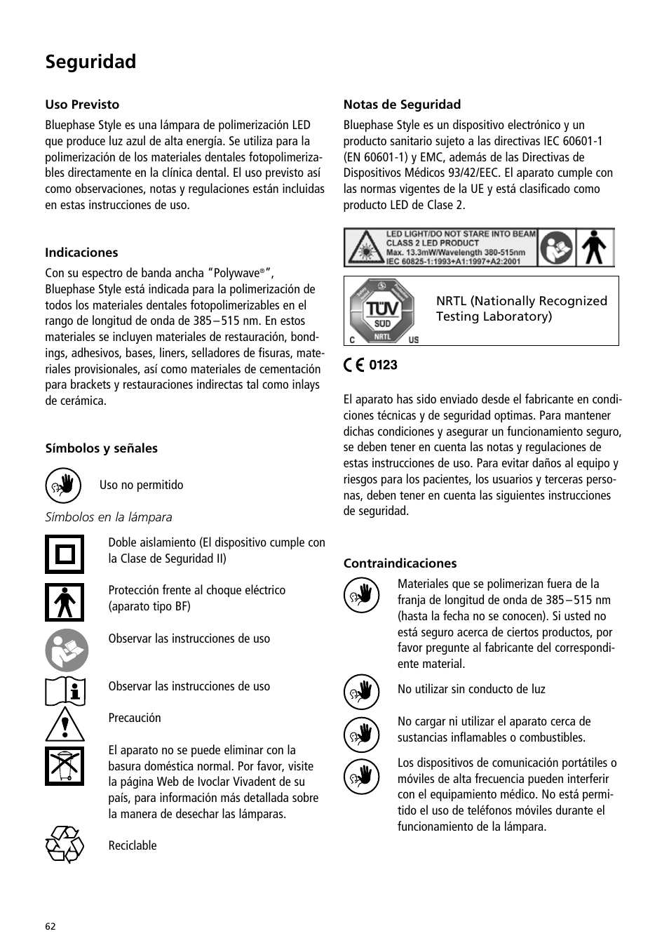 Seguridad | Ivoclar Vivadent Bluephase Style User Manual | Page 62 / 88