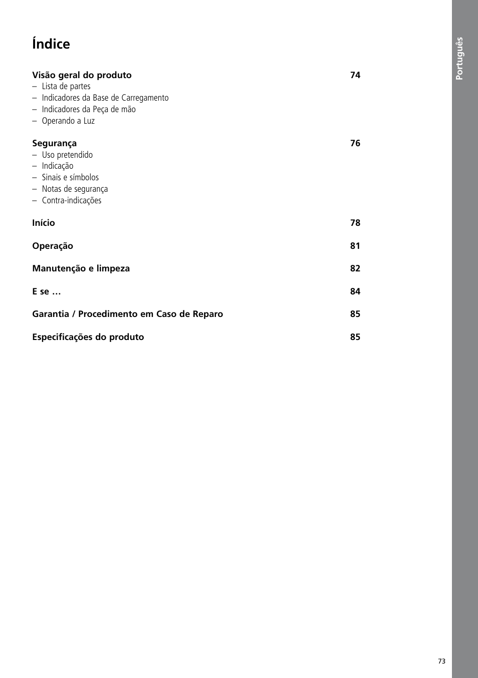 Português, Índice | Ivoclar Vivadent Bluephase Style User Manual | Page 73 / 88