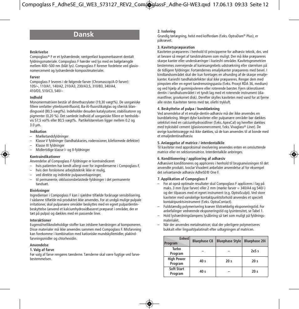 Dansk | Ivoclar Vivadent Compoglass F User Manual | Page 12 / 28