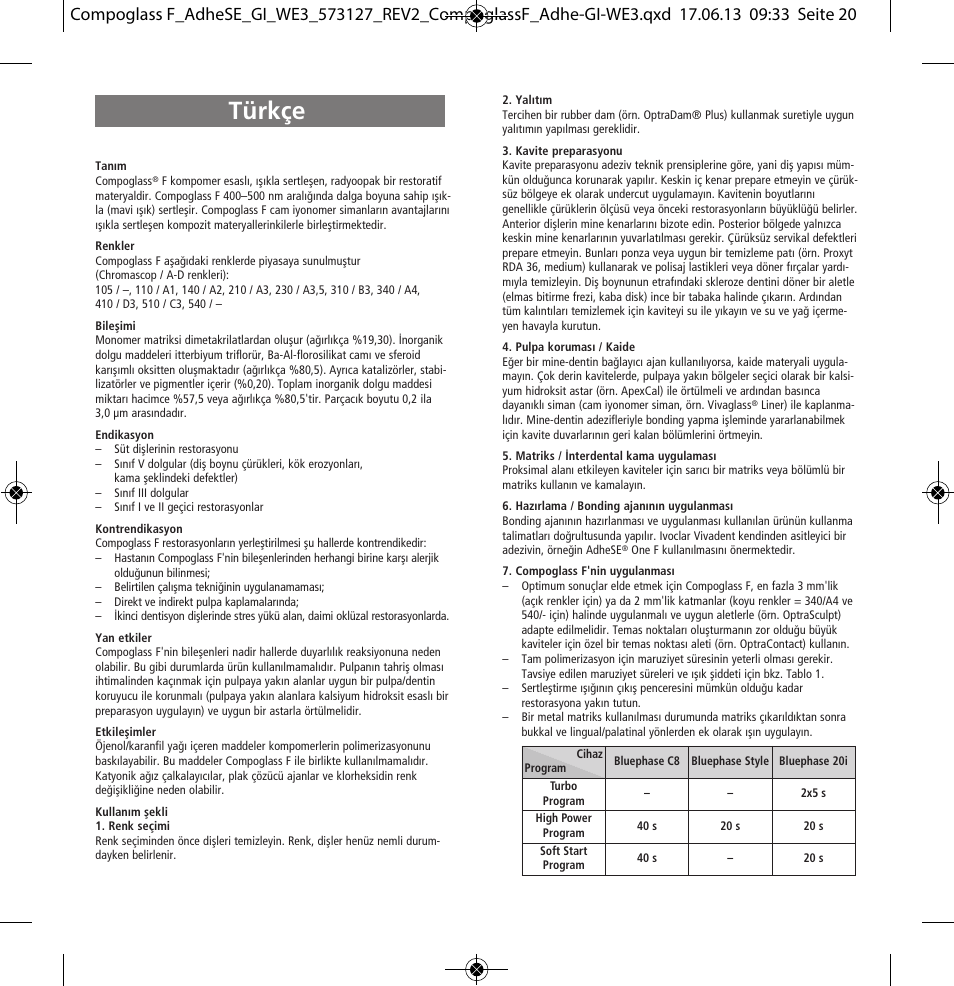 Türkçe | Ivoclar Vivadent Compoglass F User Manual | Page 20 / 28