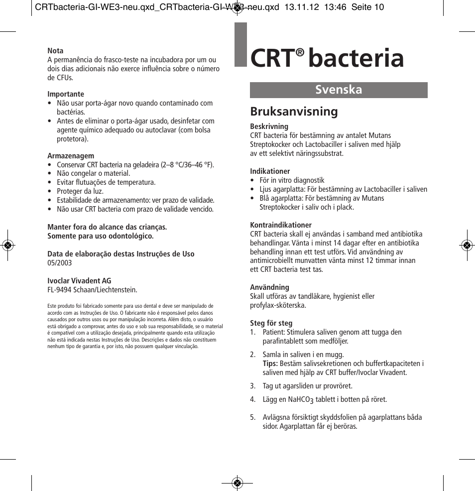 Svenska, Bacteria, Bruksanvisning | Ivoclar Vivadent CRT bacteria User Manual | Page 10 / 20