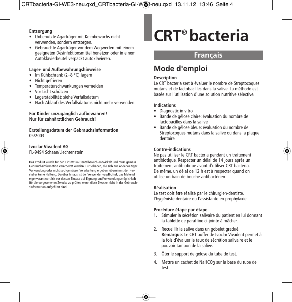 Français, Bacteria, Mode d'emploi | Ivoclar Vivadent CRT bacteria User Manual | Page 4 / 20