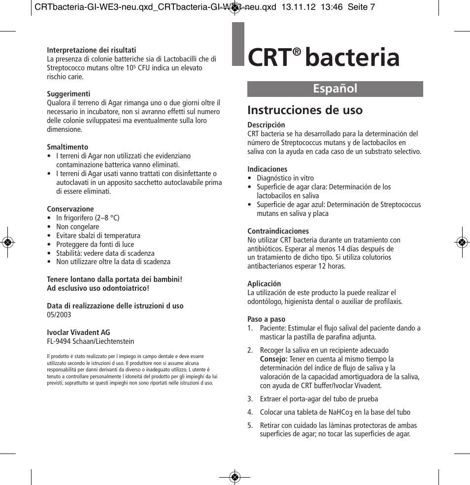 Español, Bacteria, Instrucciones de uso | Ivoclar Vivadent CRT bacteria User Manual | Page 7 / 20