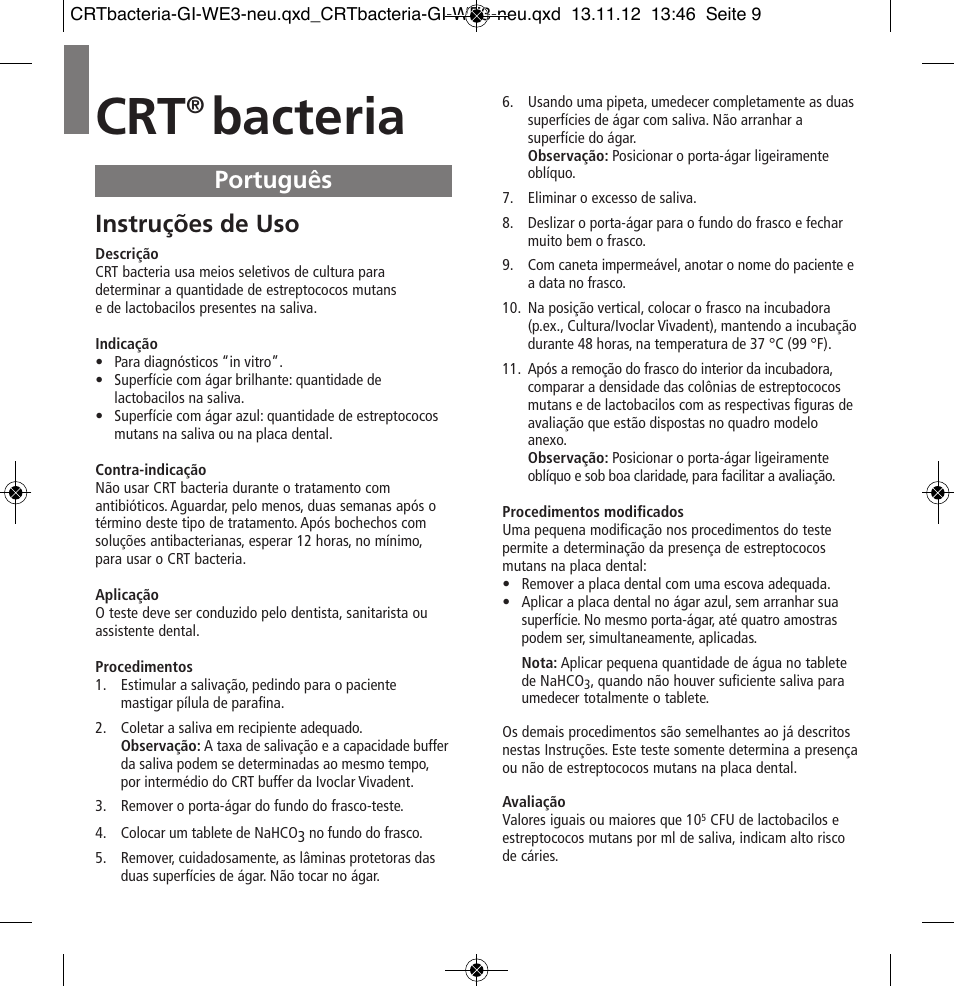 Português, Bacteria, Instruções de uso | Ivoclar Vivadent CRT bacteria User Manual | Page 9 / 20