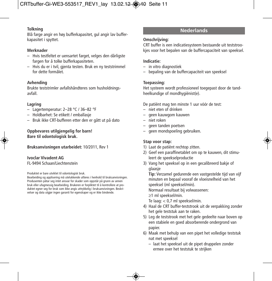 Nederlands | Ivoclar Vivadent CRT buffer User Manual | Page 11 / 20