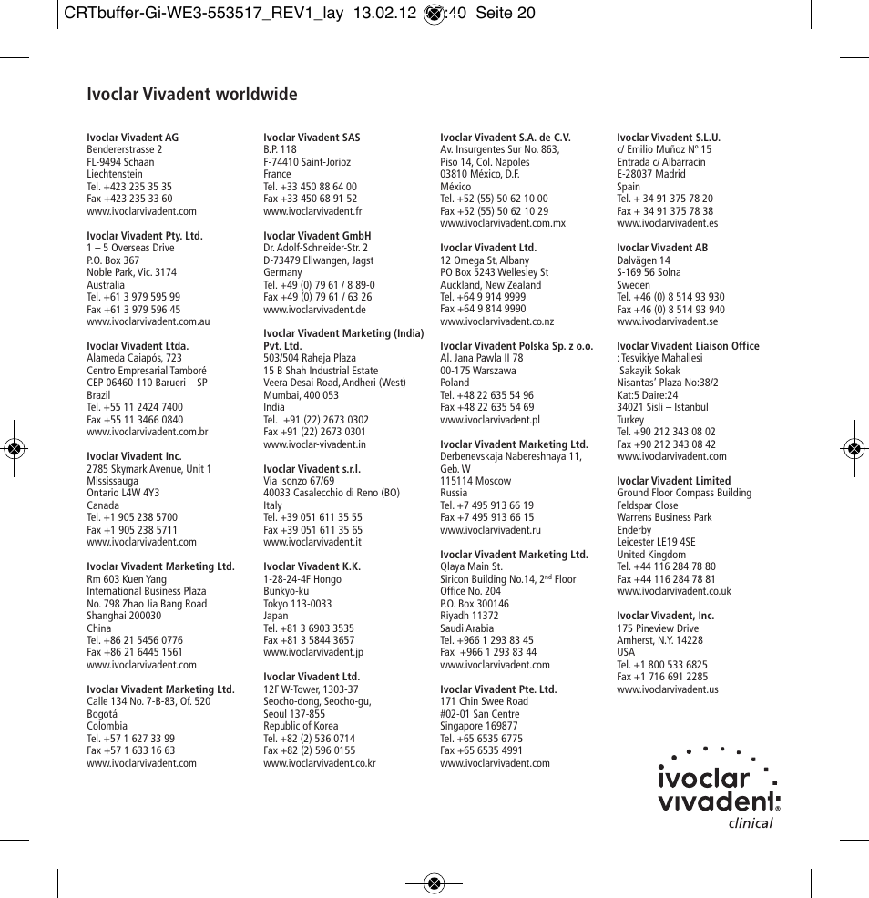 Ivoclar vivadent worldwide | Ivoclar Vivadent CRT buffer User Manual | Page 20 / 20