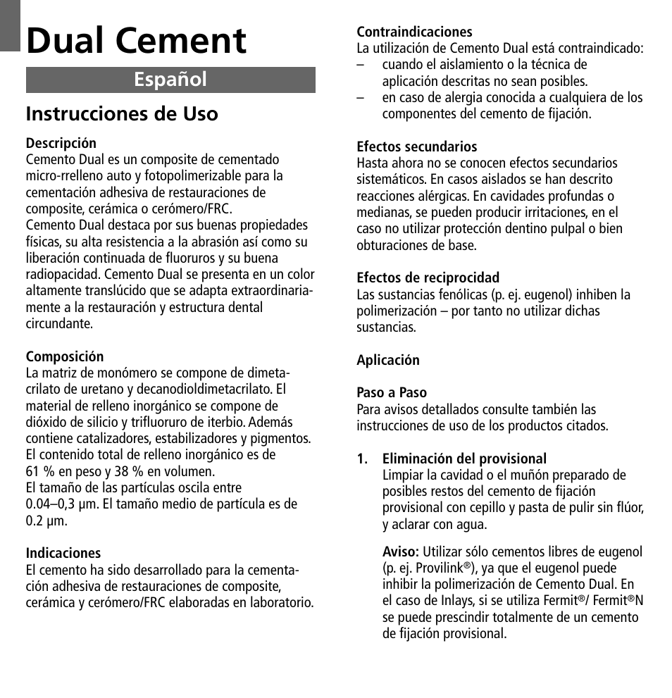 Español, Dual cement, Instrucciones de uso | Ivoclar Vivadent Dual Cement User Manual | Page 12 / 33