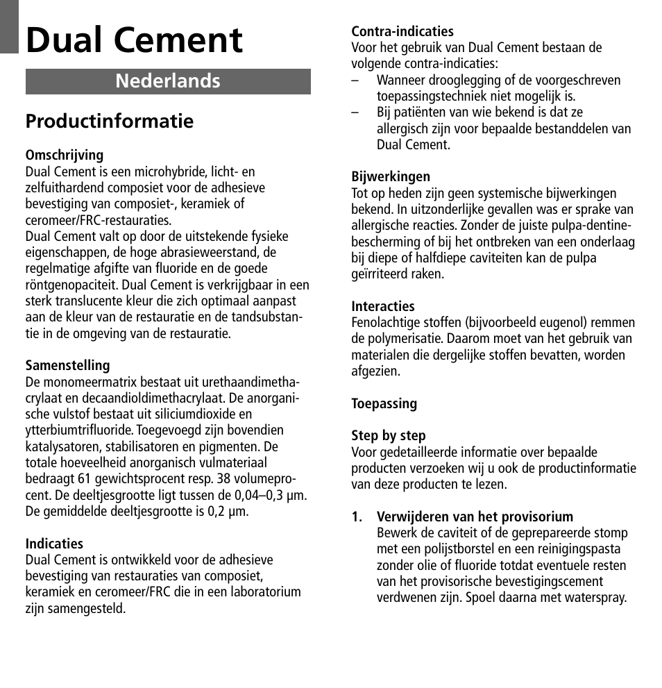 Nederlands, Dual cement, Productinformatie | Ivoclar Vivadent Dual Cement User Manual | Page 27 / 33