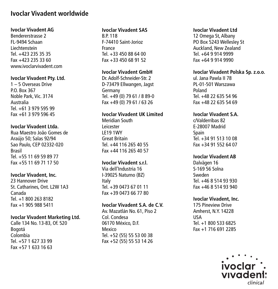 Ivoclar vivadent worldwide | Ivoclar Vivadent Dual Cement User Manual | Page 33 / 33