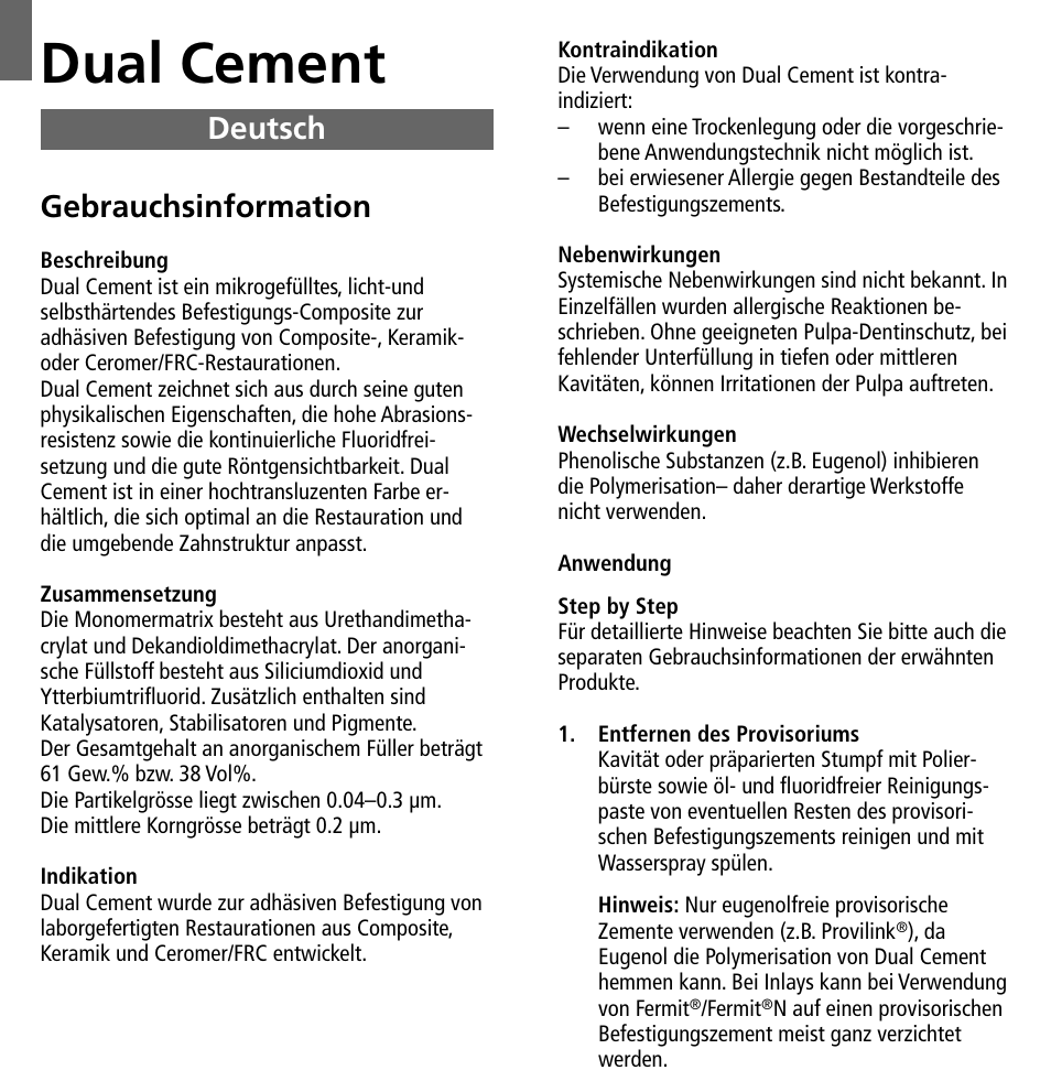 Deutsch, Dual cement, Gebrauchsinformation | Ivoclar Vivadent Dual Cement User Manual | Page 4 / 33