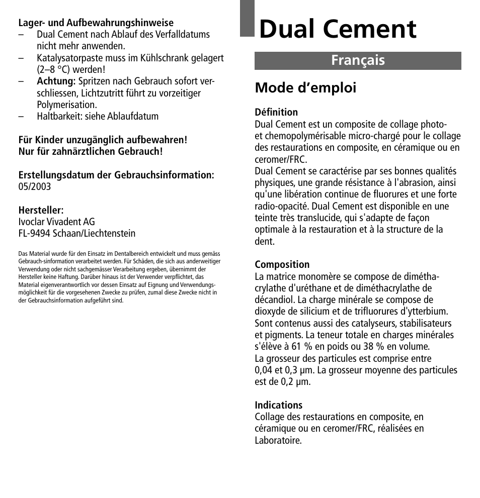 Français, Dual cement, Mode d’emploi | Ivoclar Vivadent Dual Cement User Manual | Page 6 / 33