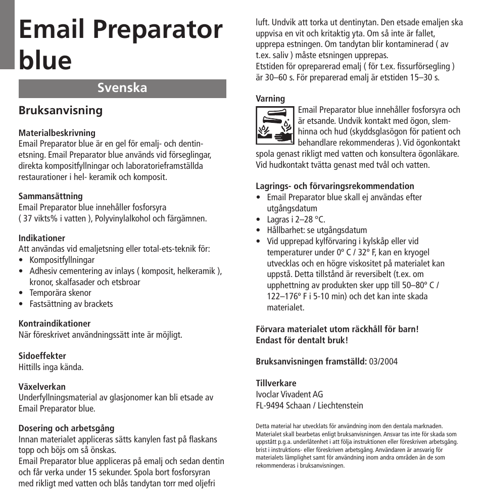 Svenska, Email preparator blue | Ivoclar Vivadent Email Preparator blue User Manual | Page 10 / 17