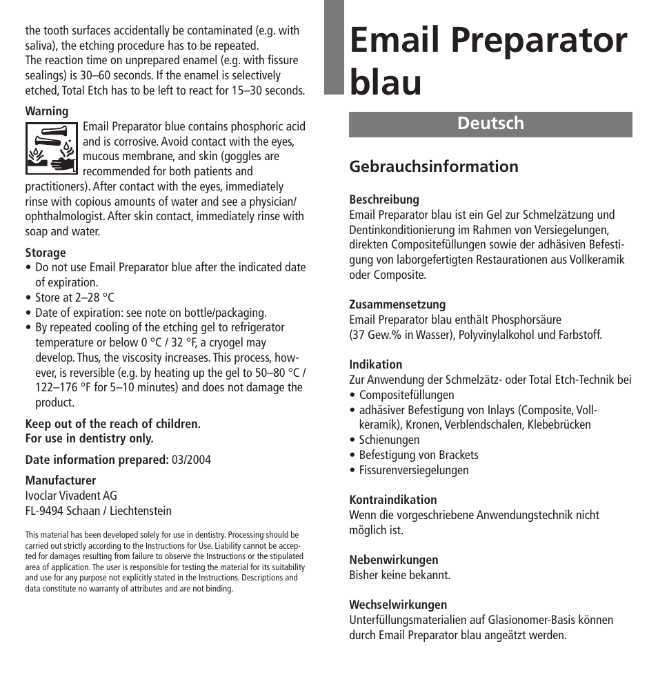 Deutsch, Email preparator blau | Ivoclar Vivadent Email Preparator blue User Manual | Page 2 / 17