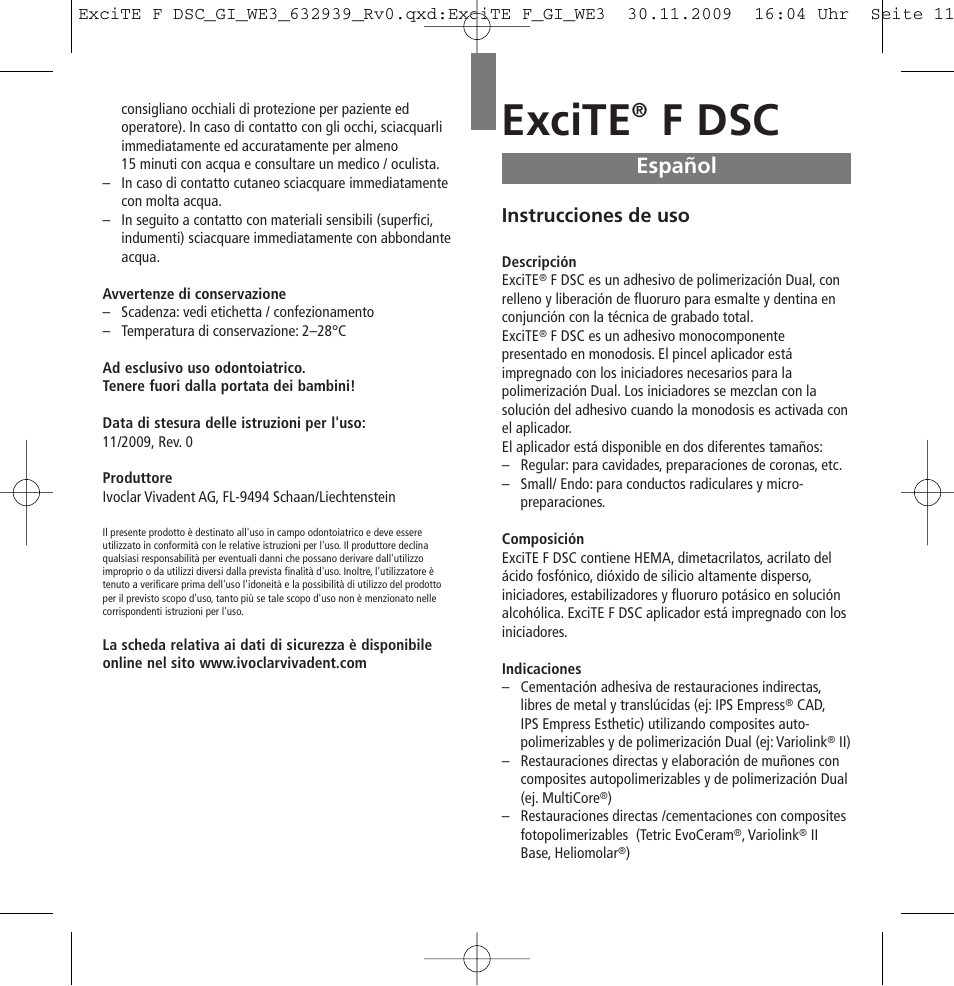 Español, Excite, F dsc | Ivoclar Vivadent ExciTE F DSC User Manual | Page 11 / 40