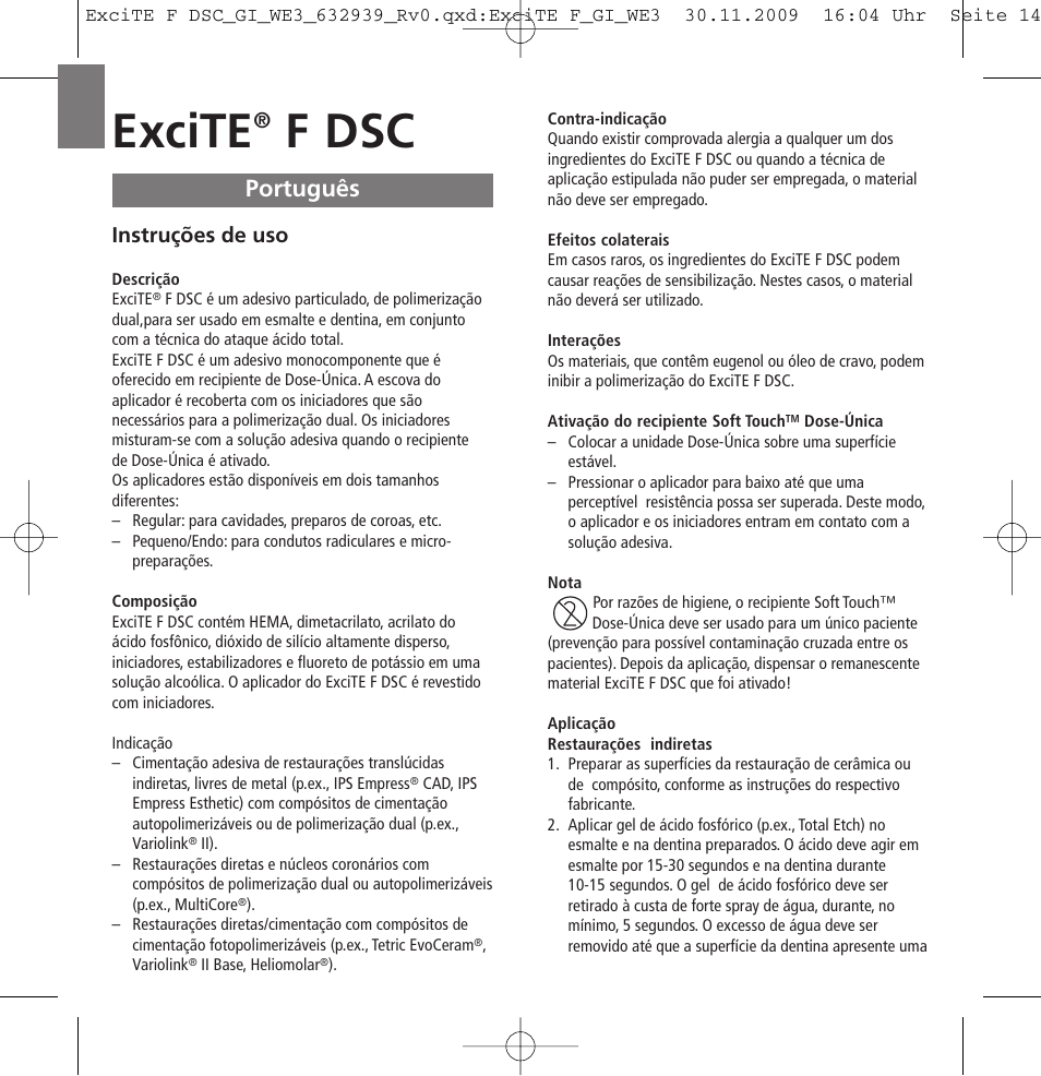 Português, Excite, F dsc | Ivoclar Vivadent ExciTE F DSC User Manual | Page 14 / 40