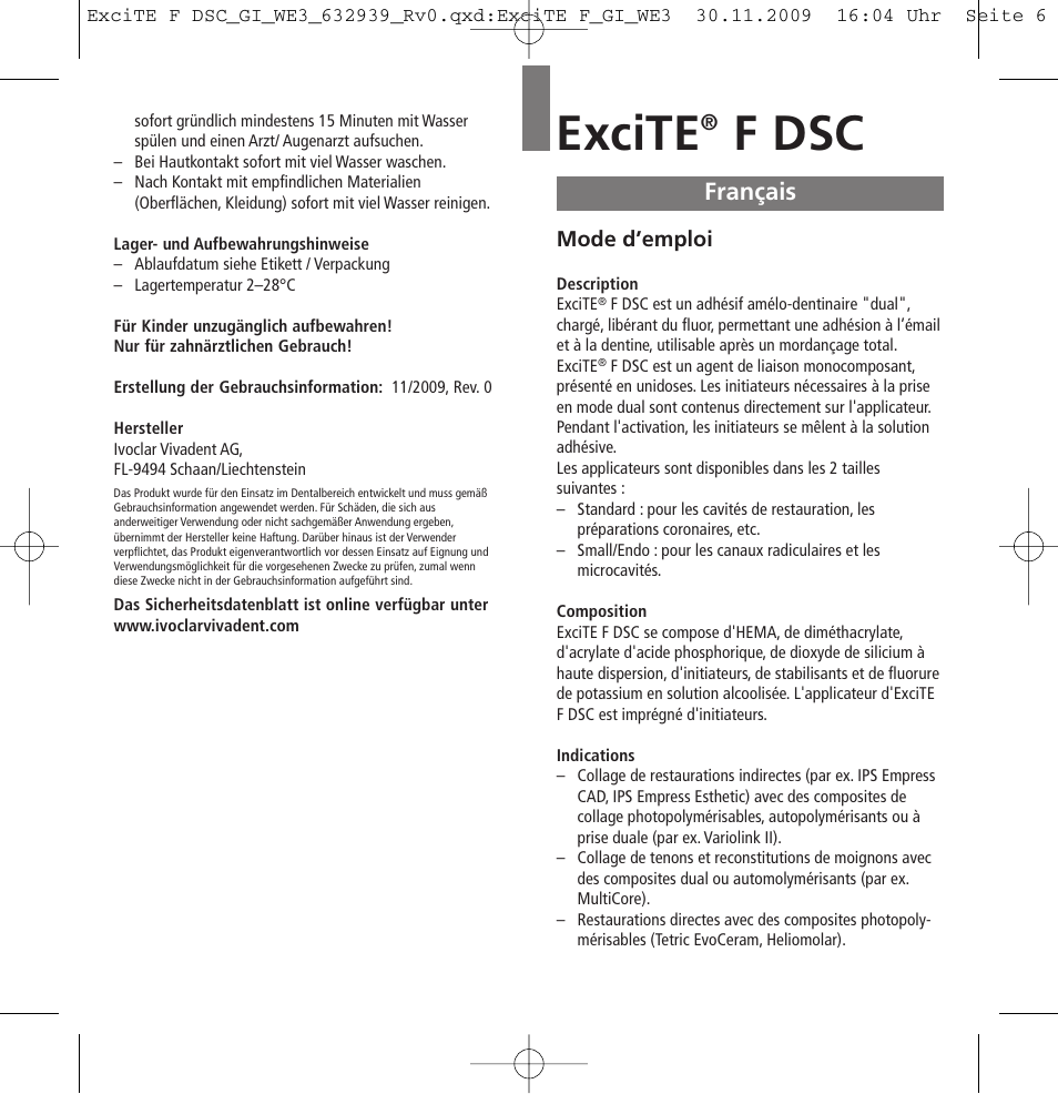 Français, Excite, F dsc | Ivoclar Vivadent ExciTE F DSC User Manual | Page 6 / 40