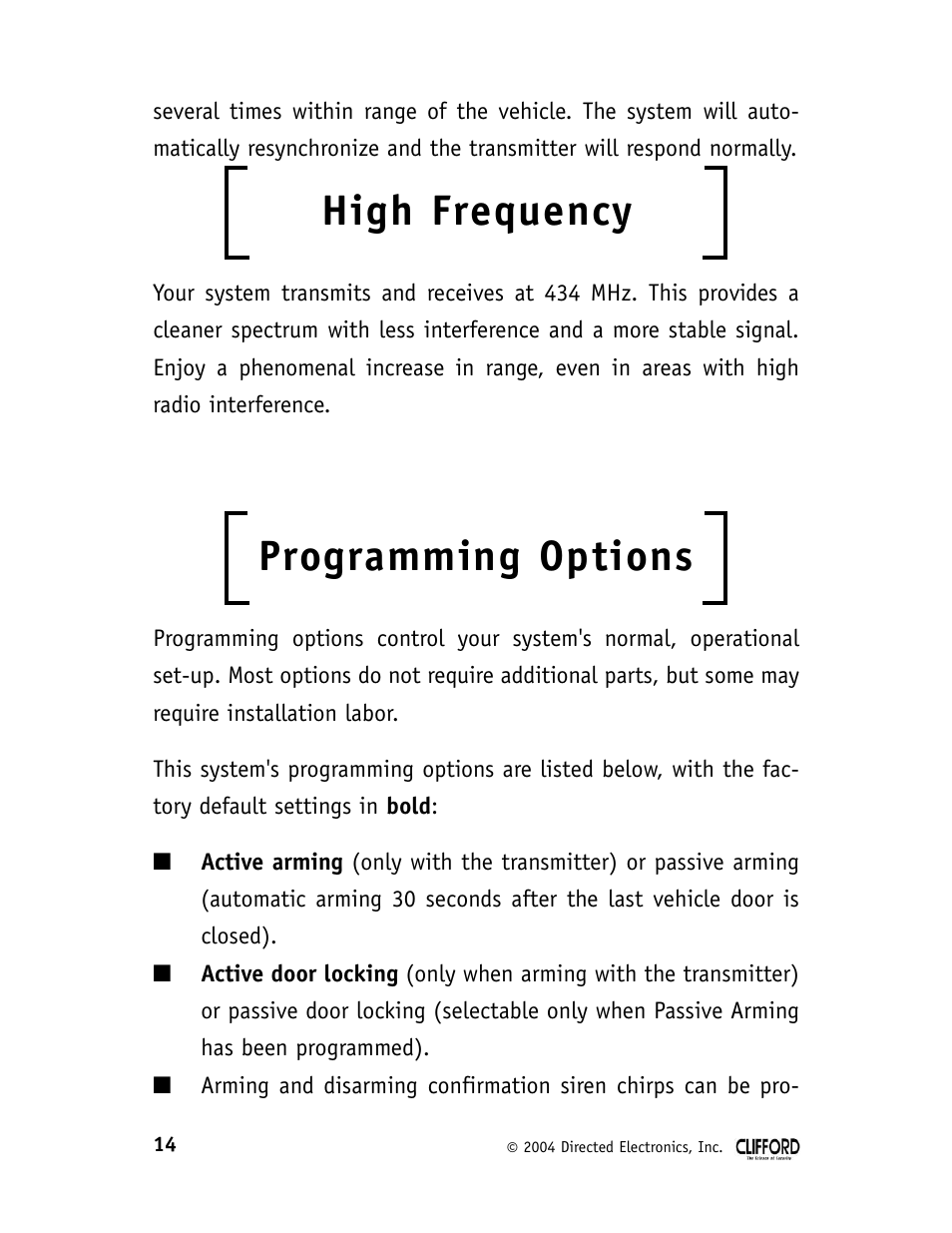 High frequency, Programming options | CLIFFORD 22CX User Manual | Page 19 / 25