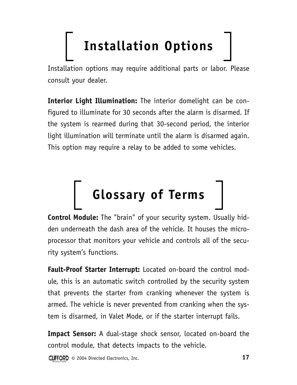 Installation options, Glossary of terms | CLIFFORD 22CX User Manual | Page 22 / 25