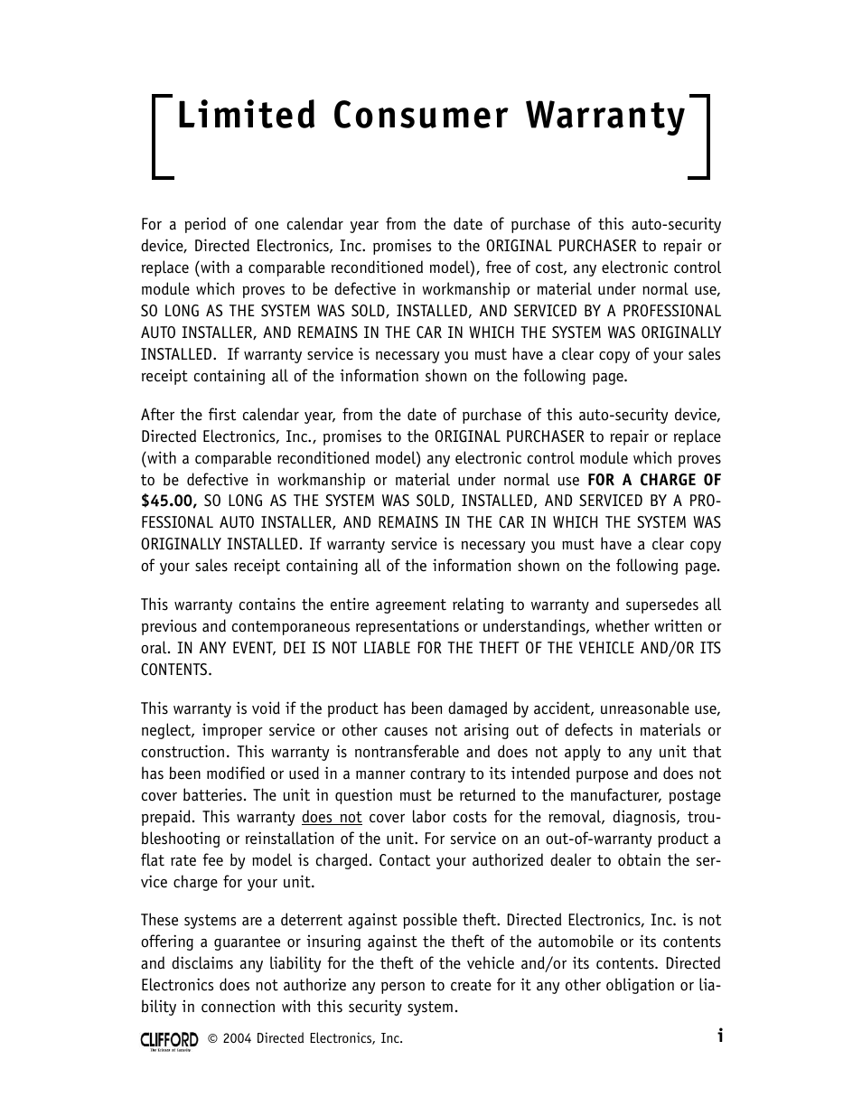 Limited consumer warranty | CLIFFORD 22CX User Manual | Page 3 / 25