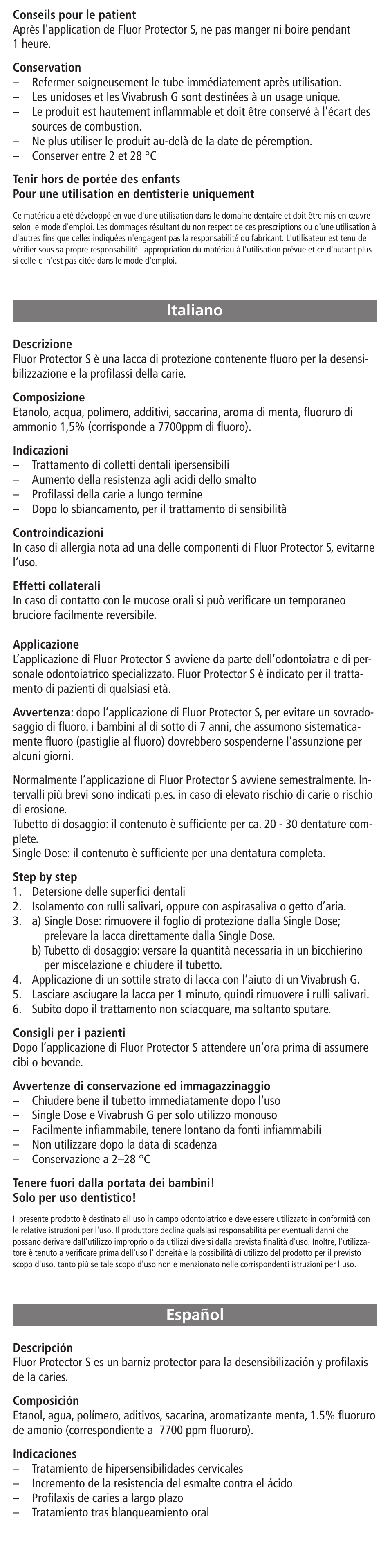 Italiano, Español, Italiano español | Ivoclar Vivadent Fluor Protector S User Manual | Page 3 / 20