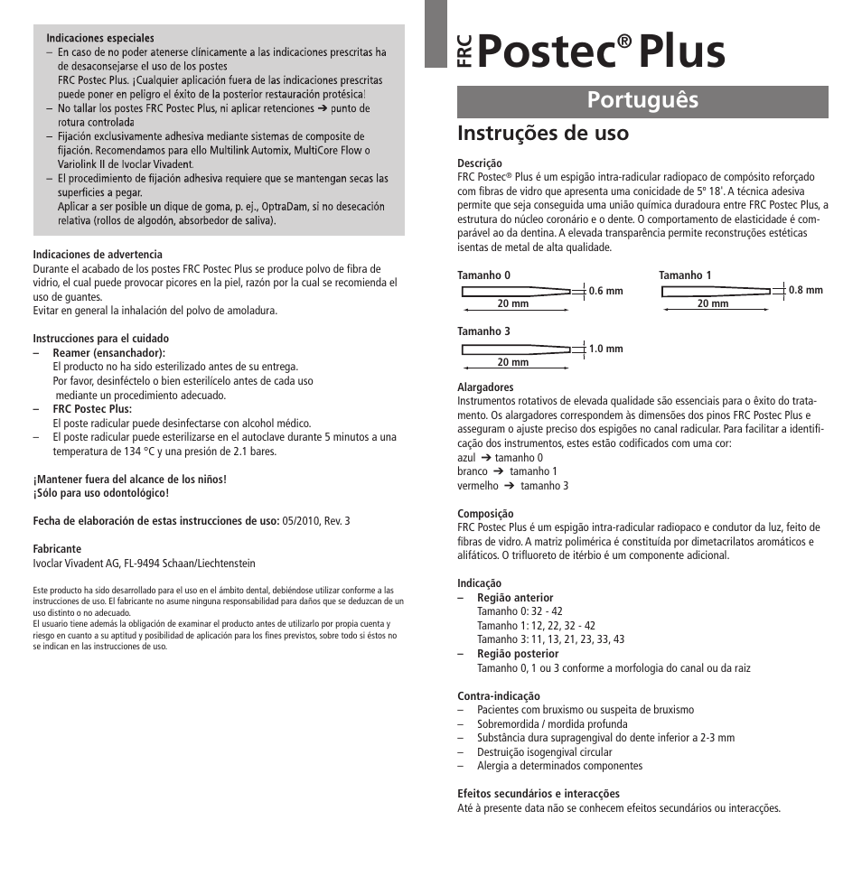 Português, Postec, Plus | Instruções de uso, Fr c | Ivoclar Vivadent FRC Postec Plus User Manual | Page 11 / 32