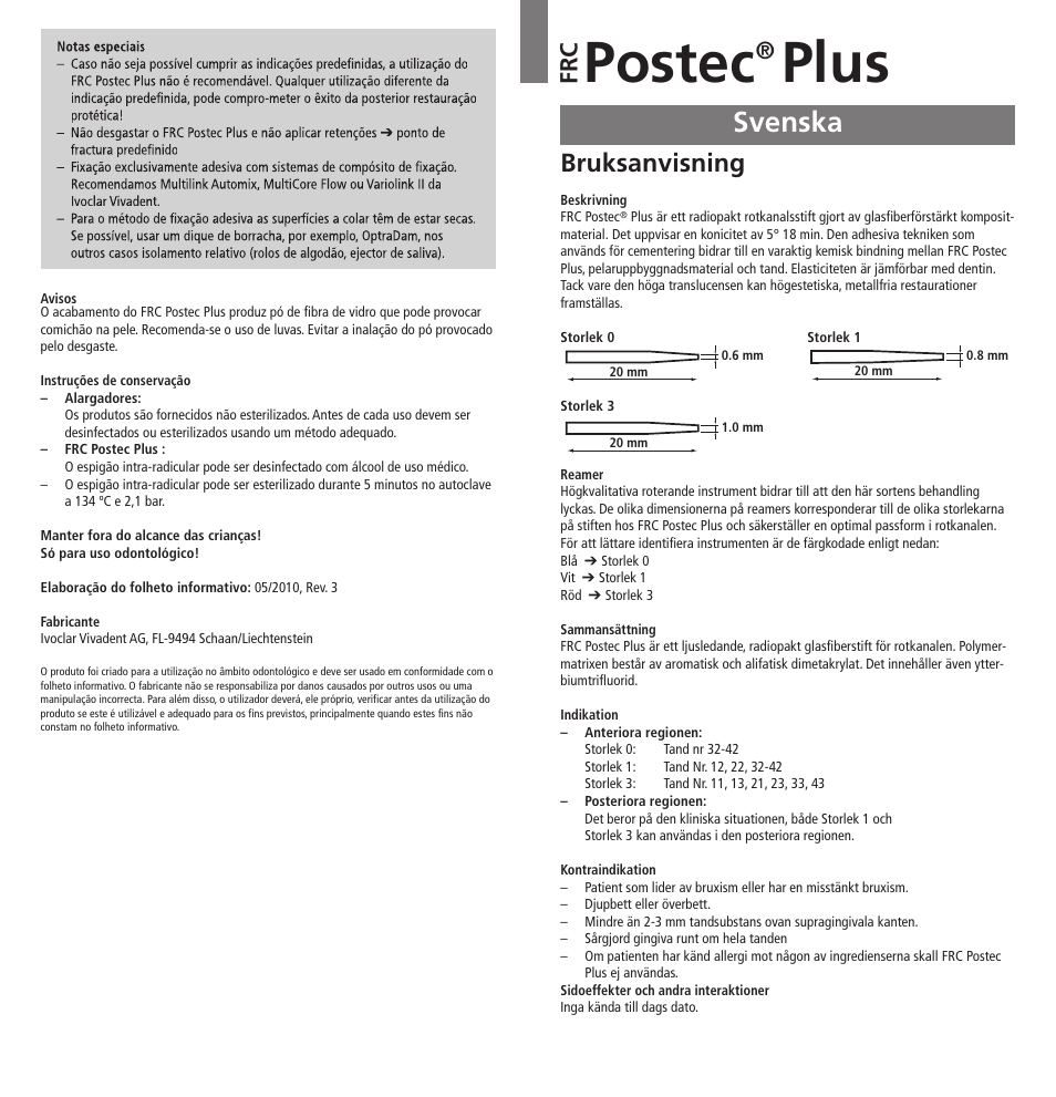 Svenska, Postec, Plus | Bruksanvisning, Fr c | Ivoclar Vivadent FRC Postec Plus User Manual | Page 13 / 32