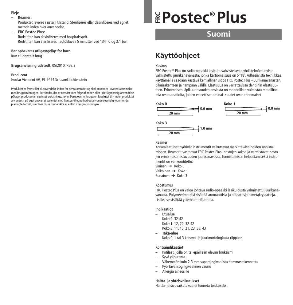 Suomi, Postec, Plus | Käyttöohjeet, Fr c | Ivoclar Vivadent FRC Postec Plus User Manual | Page 17 / 32