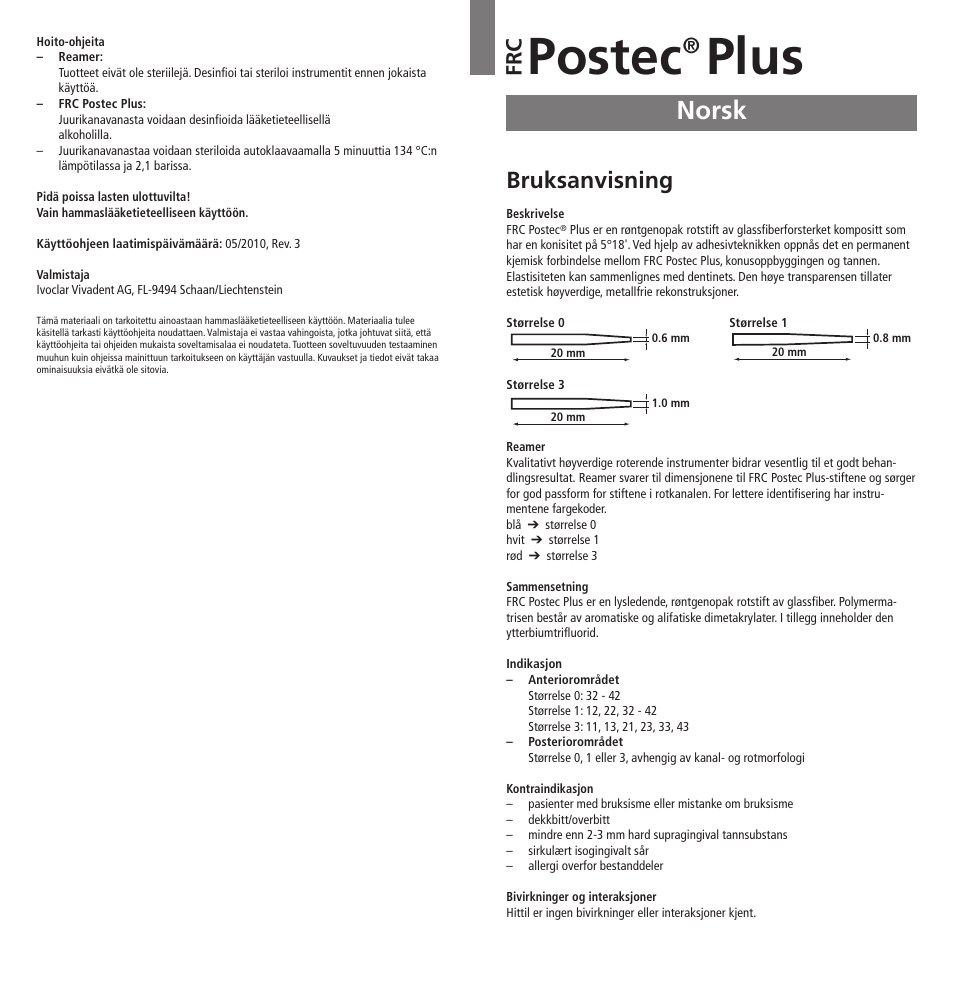 Norsk, Postec, Plus | Bruksanvisning, Fr c | Ivoclar Vivadent FRC Postec Plus User Manual | Page 19 / 32