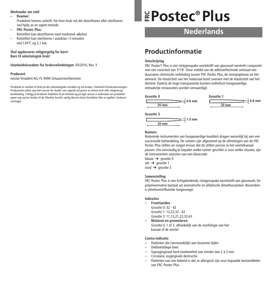 Nederlands, Postec, Plus | Productinformatie, Fr c | Ivoclar Vivadent FRC Postec Plus User Manual | Page 21 / 32