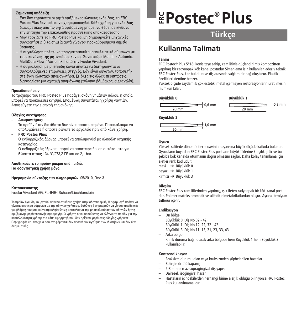 Türkçe, Postec, Plus | Kullanma talimatı, Fr c | Ivoclar Vivadent FRC Postec Plus User Manual | Page 25 / 32