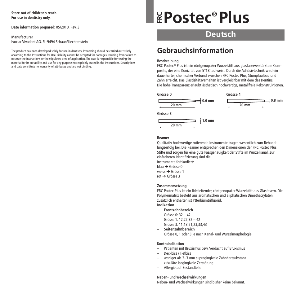 Deutsch, Postec, Plus | Gebrauchsinformation, Fr c | Ivoclar Vivadent FRC Postec Plus User Manual | Page 3 / 32