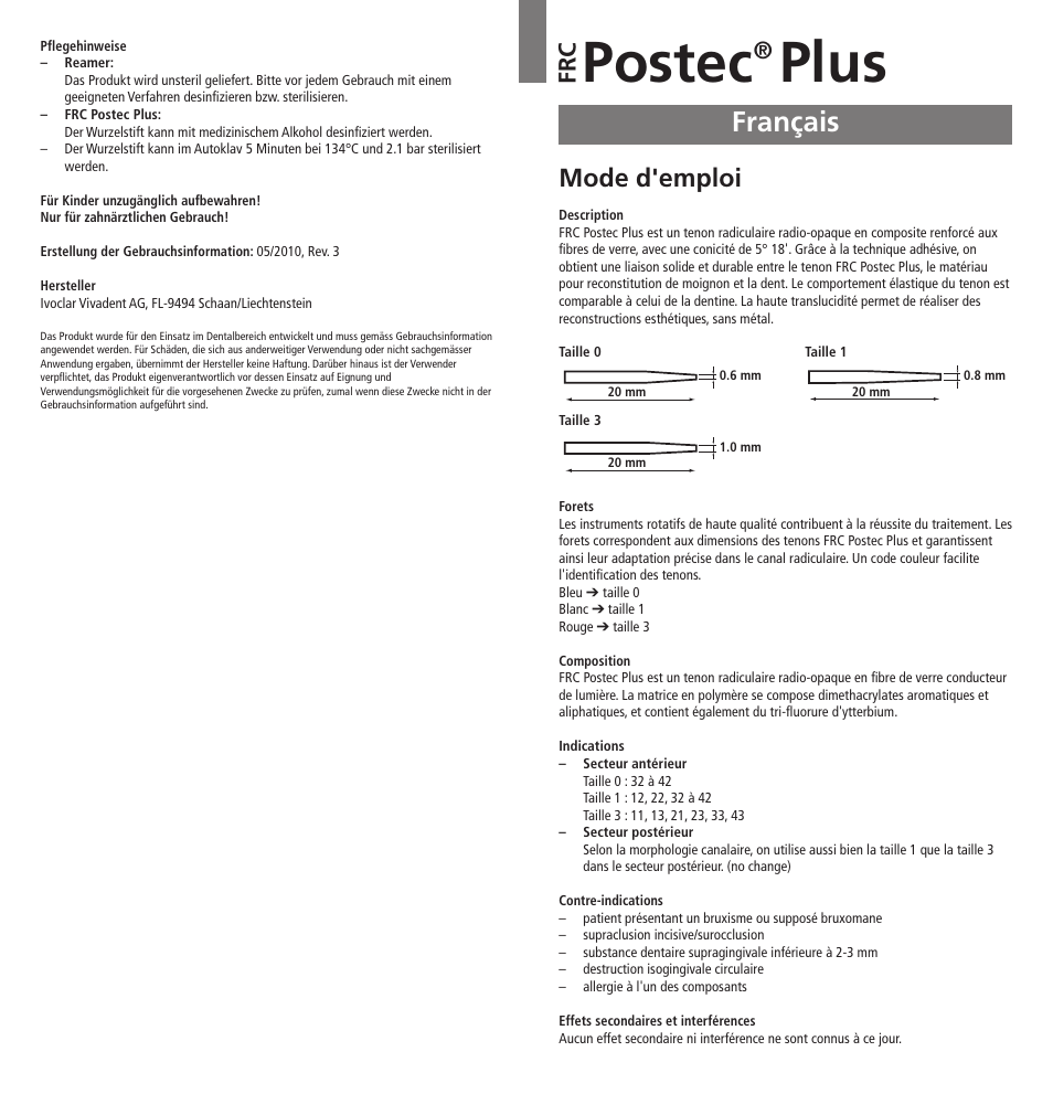 Français, Postec, Plus | Mode d'emploi, Fr c | Ivoclar Vivadent FRC Postec Plus User Manual | Page 5 / 32