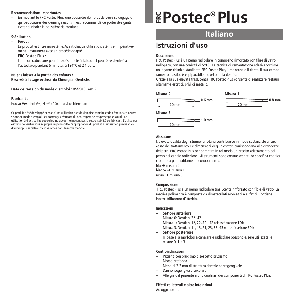 Italiano, Postec, Plus | Istruzioni d'uso, Fr c | Ivoclar Vivadent FRC Postec Plus User Manual | Page 7 / 32